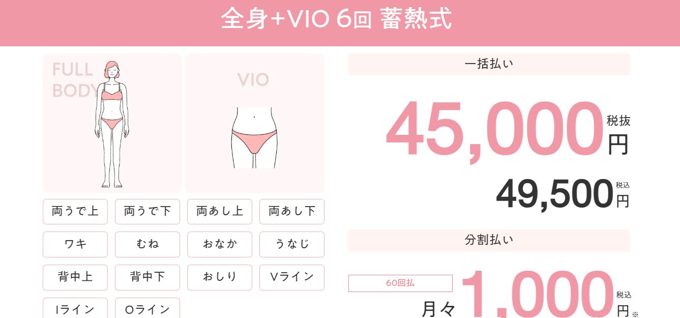 エミナルクリニックの医療脱毛プラン（全身+VIO6回 蓄熱式）