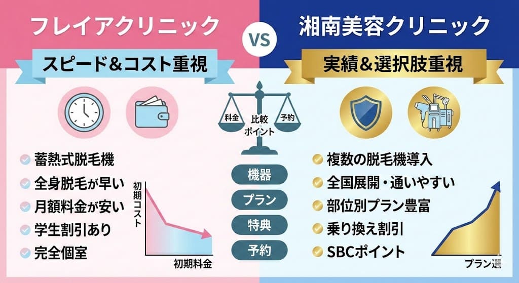 フレイアクリニックと湘南美容クリニックの医療脱毛はどっちがいい？違いは？徹底比較と失敗しない医療脱毛の選び方