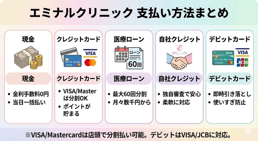 エミナルクリニックの支払い方法は現金・クレジットカード・医療ローン・自社クレジット・デビットカード