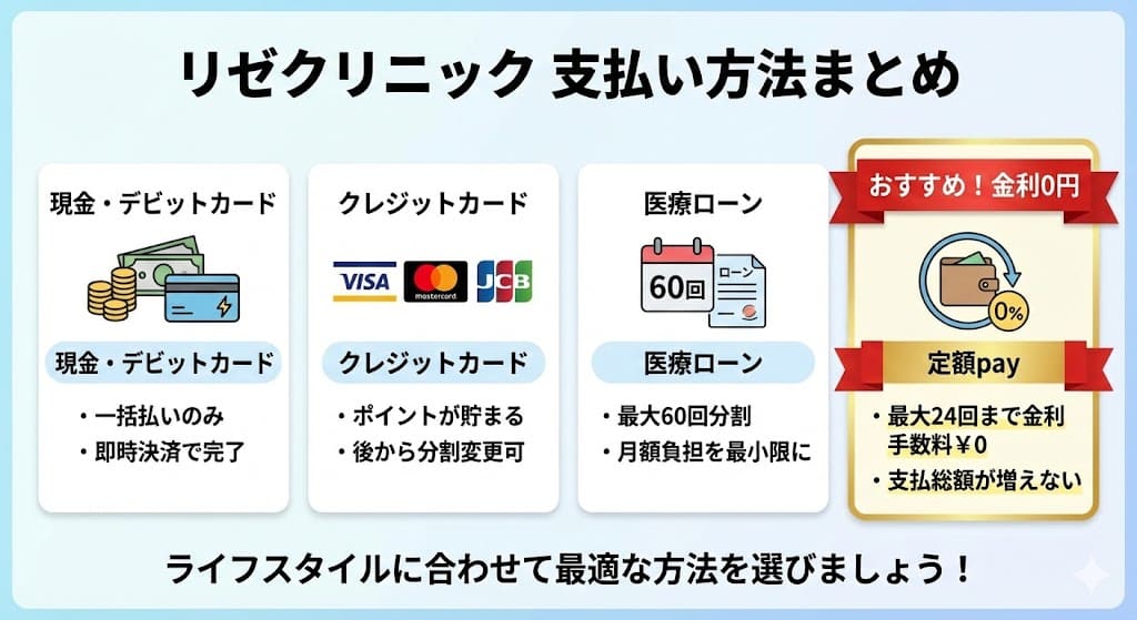 リゼクリニックの支払い方法は？現金・クレジットカード・デビットカード・医療ローン・定額payが可能