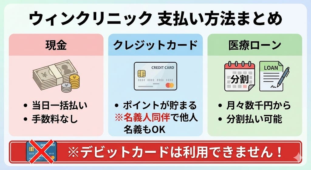 ウィンクリニックの支払い方法は現金・クレジットカード・医療ローン