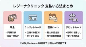 レジーナクリニックの支払い方法は現金・クレジットカード・医療ローン・デビットカードで可能