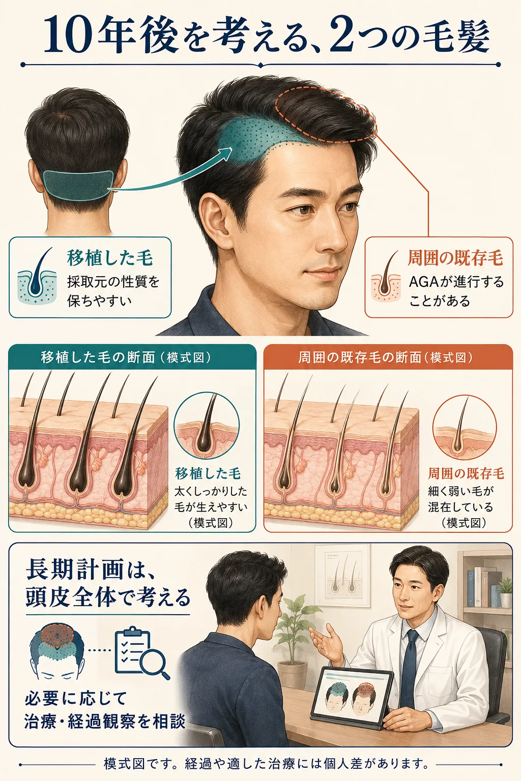 後頭部から移した毛と周囲の既存毛を区別し、移植後も薄毛の進行への対応が必要な場合があることを示す図解。