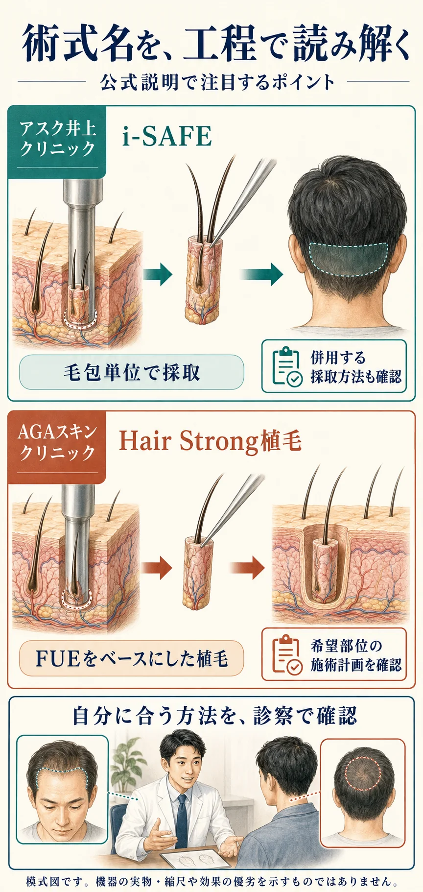 アスク井上クリニックのi-SAFEと、AGAスキンクリニックのHair Strong植毛について、公式説明で注目する工程と診察時の確認点を比較した模式図。