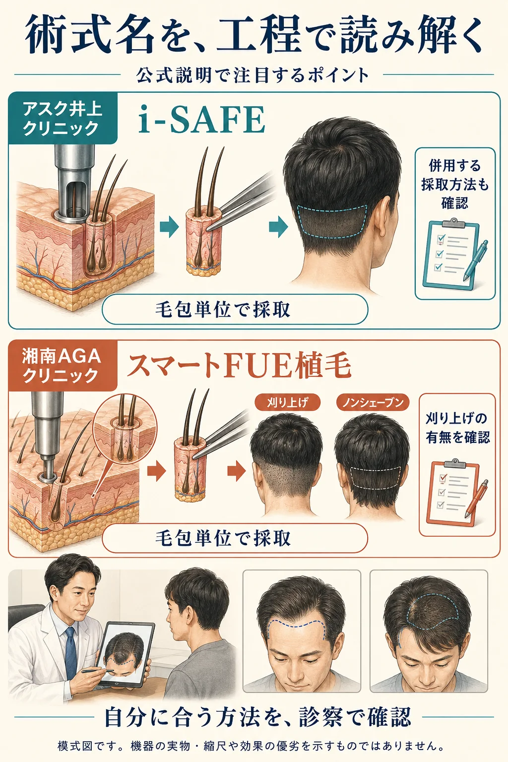 アスク井上クリニックのi-SAFEと、湘南AGAクリニックのスマートFUE植毛について、公式説明で注目する工程と診察時の確認点を比較した模式図。