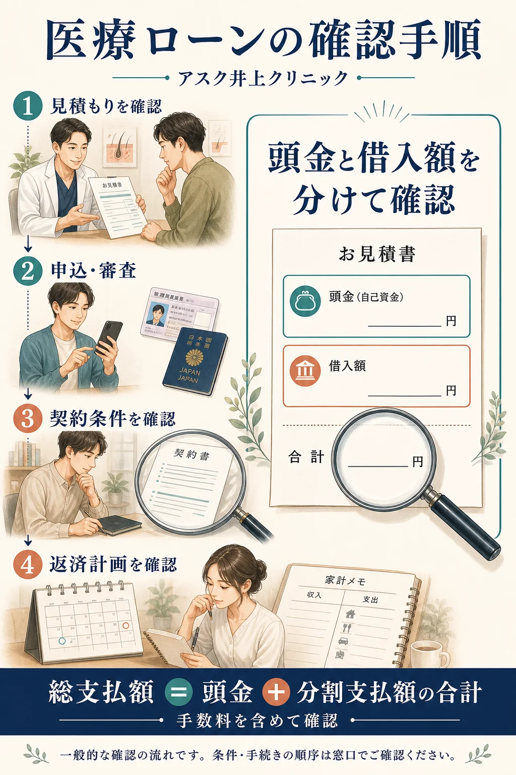 アスク井上クリニックの医療ローンを検討する際、見積もり・申込と審査・契約条件・返済計画を確認する流れ。頭金と借入額を分けて確認。
