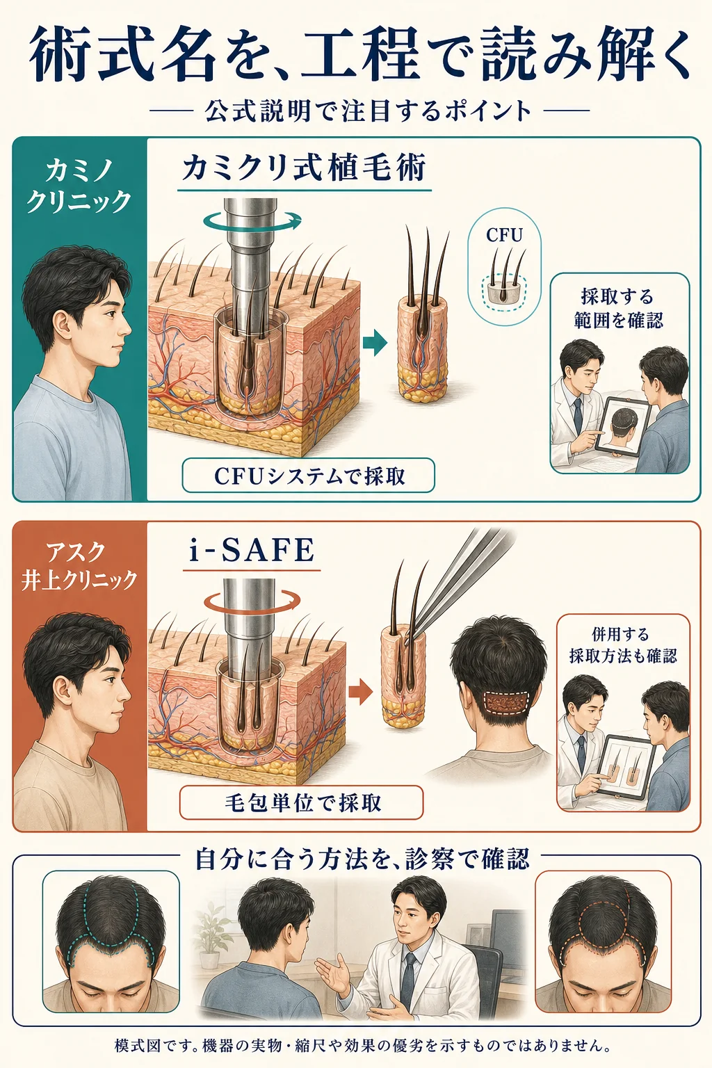 カミノクリニックのカミクリ式植毛術と、アスク井上クリニックのi-SAFEについて、公式説明で注目する工程と診察時の確認点を比較した模式図。