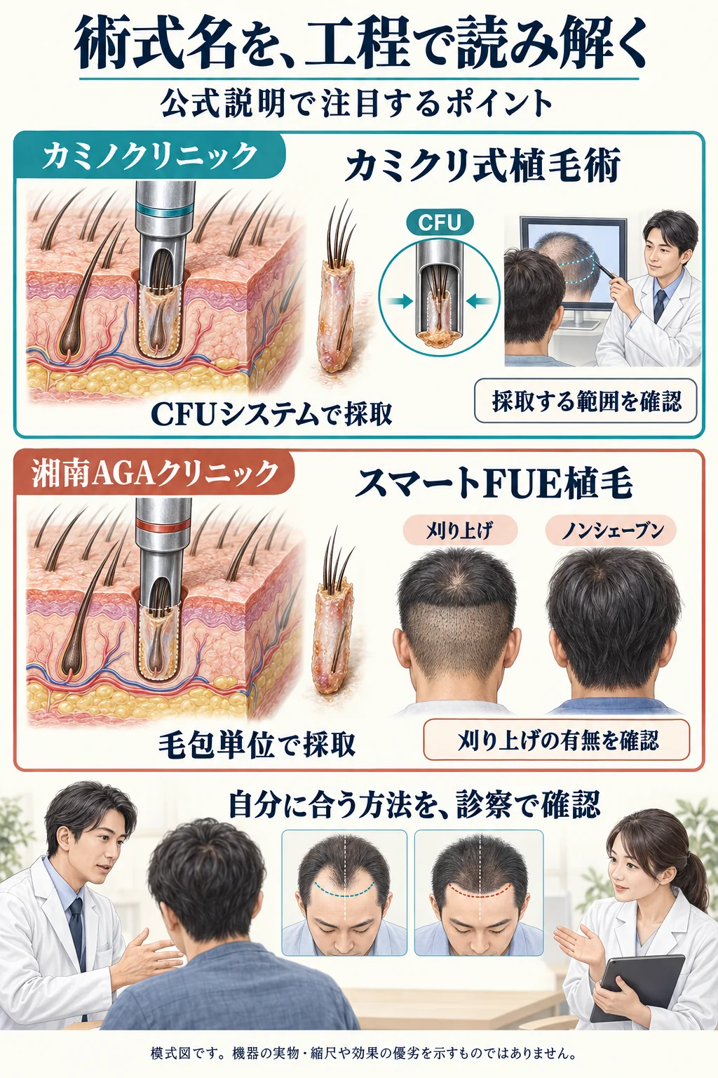カミノクリニックのカミクリ式植毛術と、湘南AGAクリニックのスマートFUE植毛について、公式説明で注目する工程と診察時の確認点を比較した模式図。