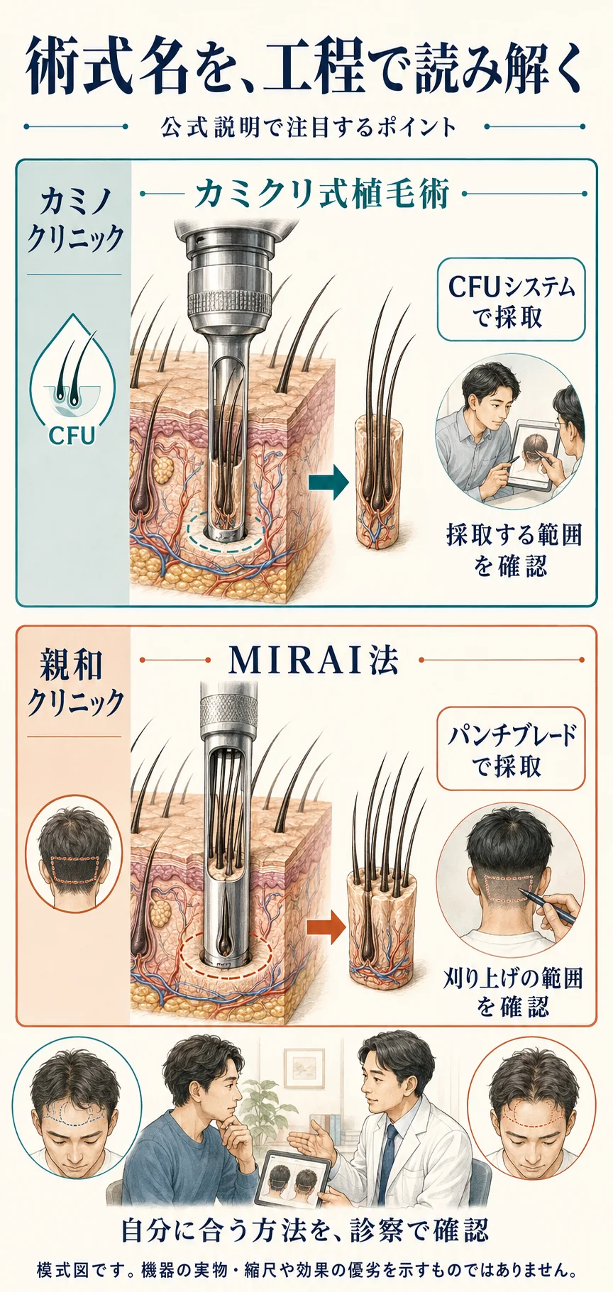 カミノクリニックのカミクリ式植毛術と、親和クリニックのMIRAI法について、公式説明で注目する工程と診察時の確認点を比較した模式図。