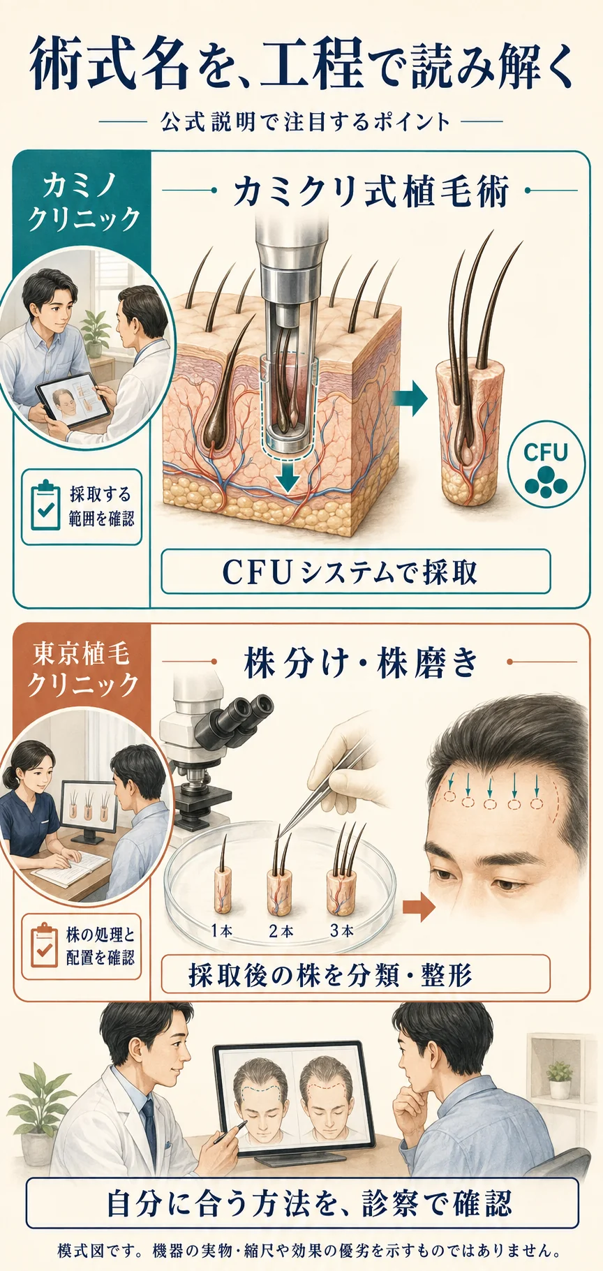 カミノクリニックのカミクリ式植毛術と、東京植毛クリニックの株分け・株磨きについて、公式説明で注目する工程と診察時の確認点を比較した模式図。