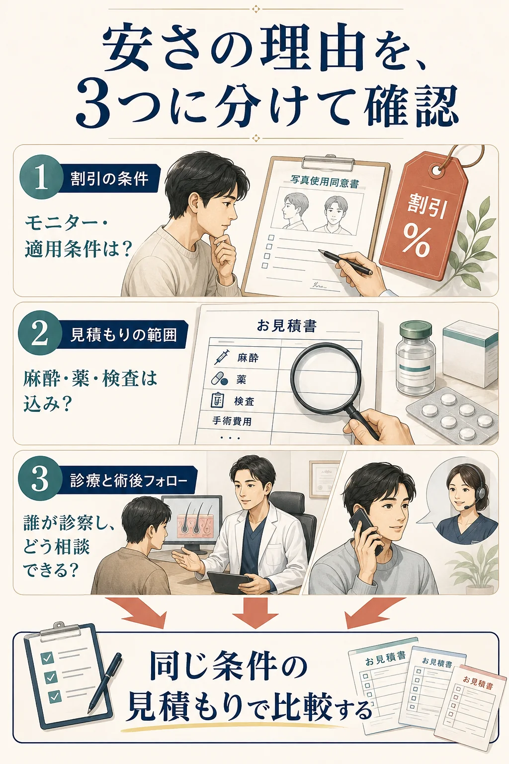 価格だけで判断せず、割引条件・見積もりの範囲・診療体制を順に確認する図解。