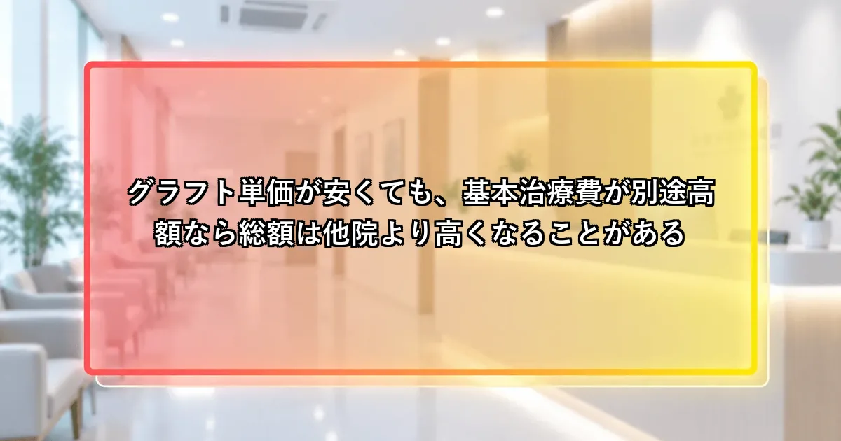 グラフト単価が安くても基本治療費が高いと総額は高くなるという説明画像
