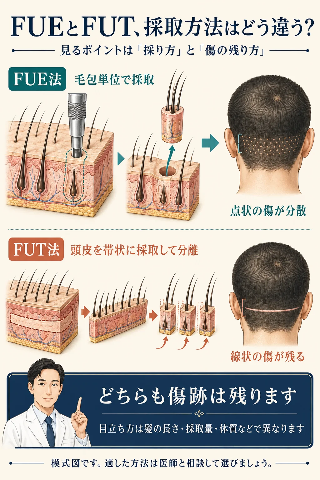 FUE法は毛包単位で採取し点状の傷が分散、FUT法は頭皮を帯状に採取して分離し線状の傷が残る。どちらも傷跡が残り、目立ち方には個人差がある。