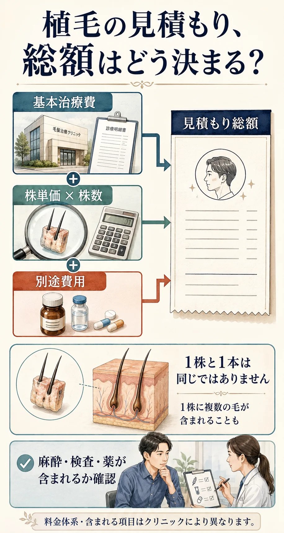 基本治療費に株単価と株数の積、別途費用を足して見積もり総額を確認する仕組みと、株数と毛の本数の違い。