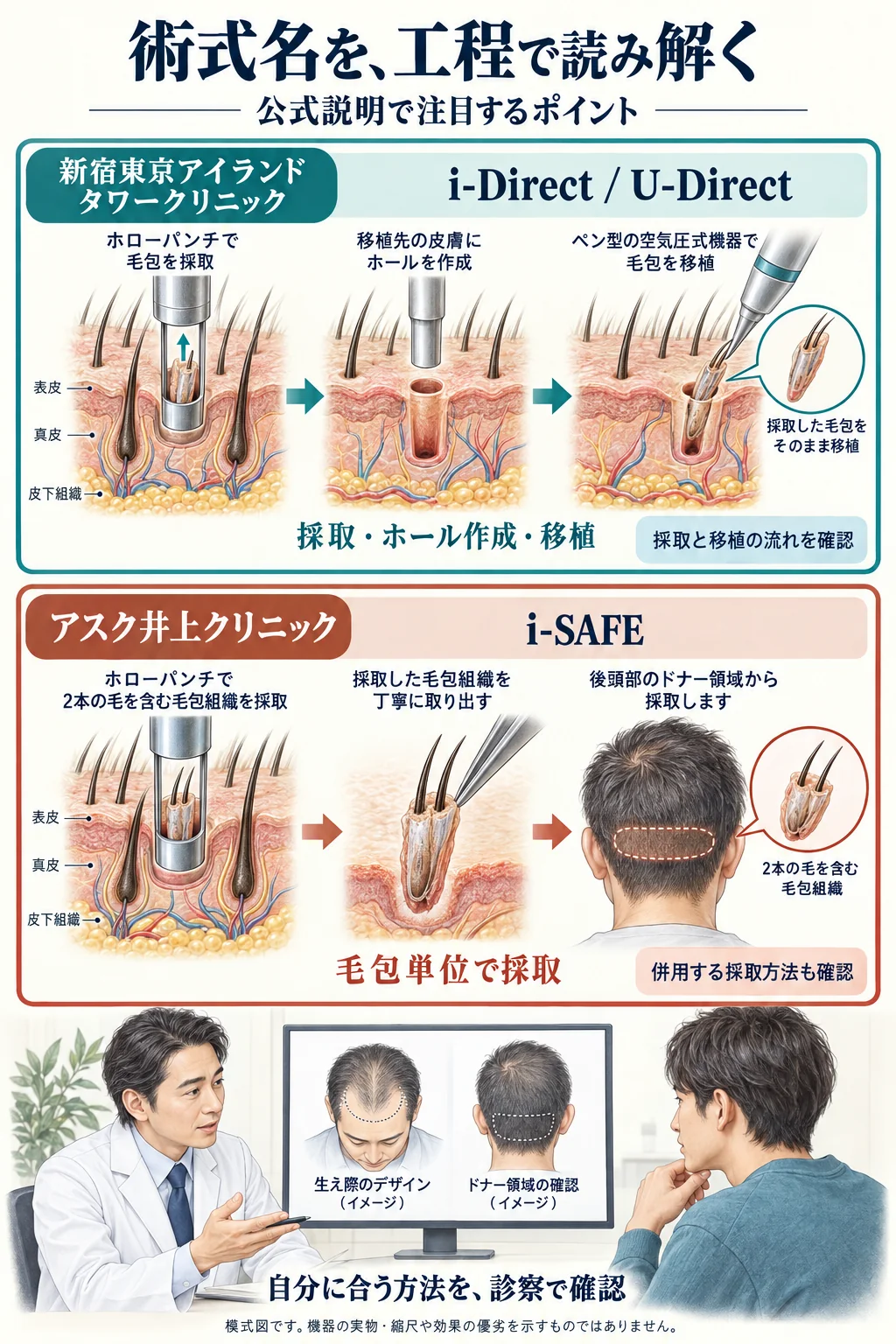 新宿東京アイランドタワークリニックのi-Direct / U-Directと、アスク井上クリニックのi-SAFEについて、公式説明で注目する工程と診察時の確認点を比較した模式図。