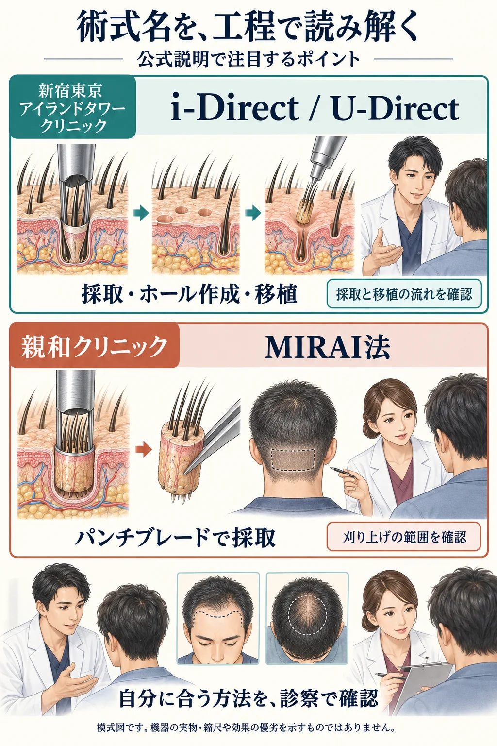 新宿東京アイランドタワークリニックのi-Direct / U-Directと、親和クリニックのMIRAI法について、公式説明で注目する工程と診察時の確認点を比較した模式図。