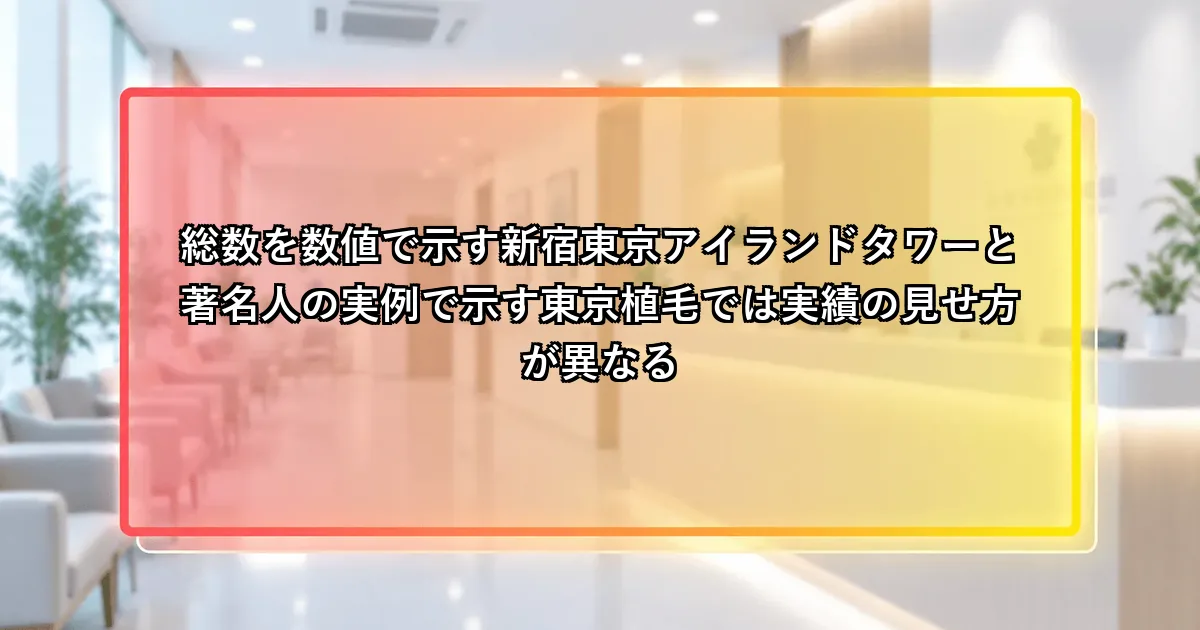 総数を数値で示す新宿東京アイランドタワーと著名人の実例で示す東京植毛では実績の見せ方が異なるという説明画像