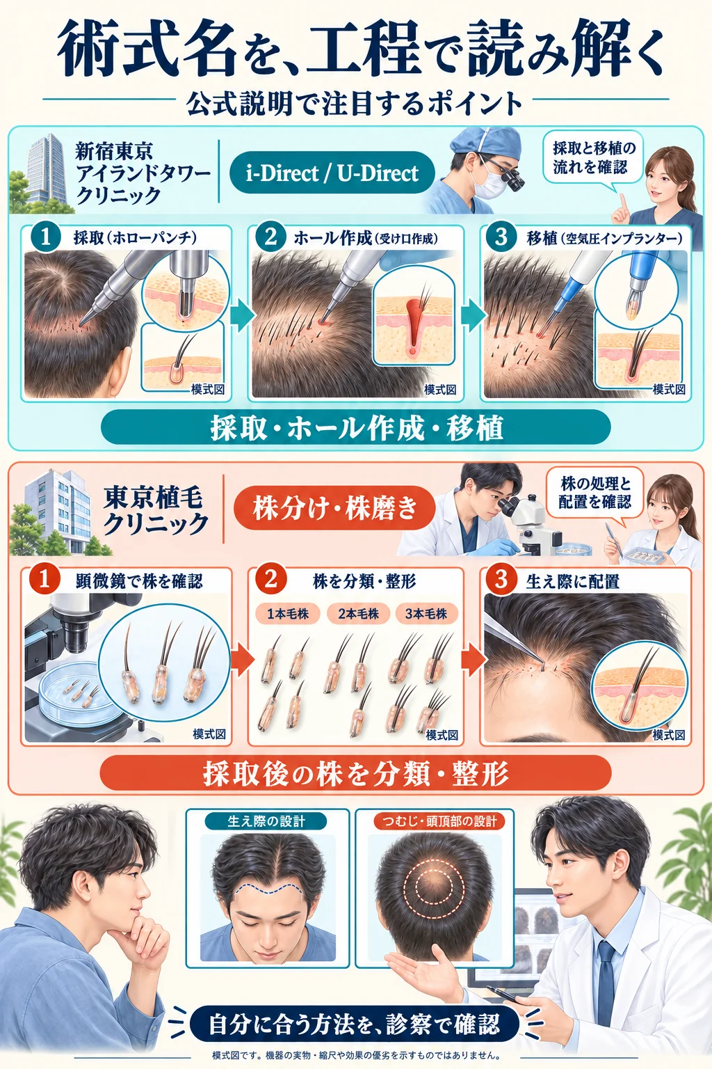 新宿東京アイランドタワークリニックのi-Direct / U-Directと、東京植毛クリニックの株分け・株磨きについて、公式説明で注目する工程と診察時の確認点を比較した模式図。
