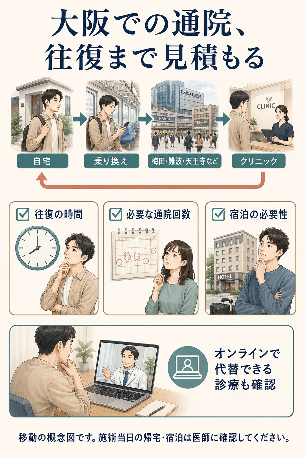 自宅から駅・クリニックへの移動に、診療時間・通院回数・宿泊の必要性を合わせて検討する図解。