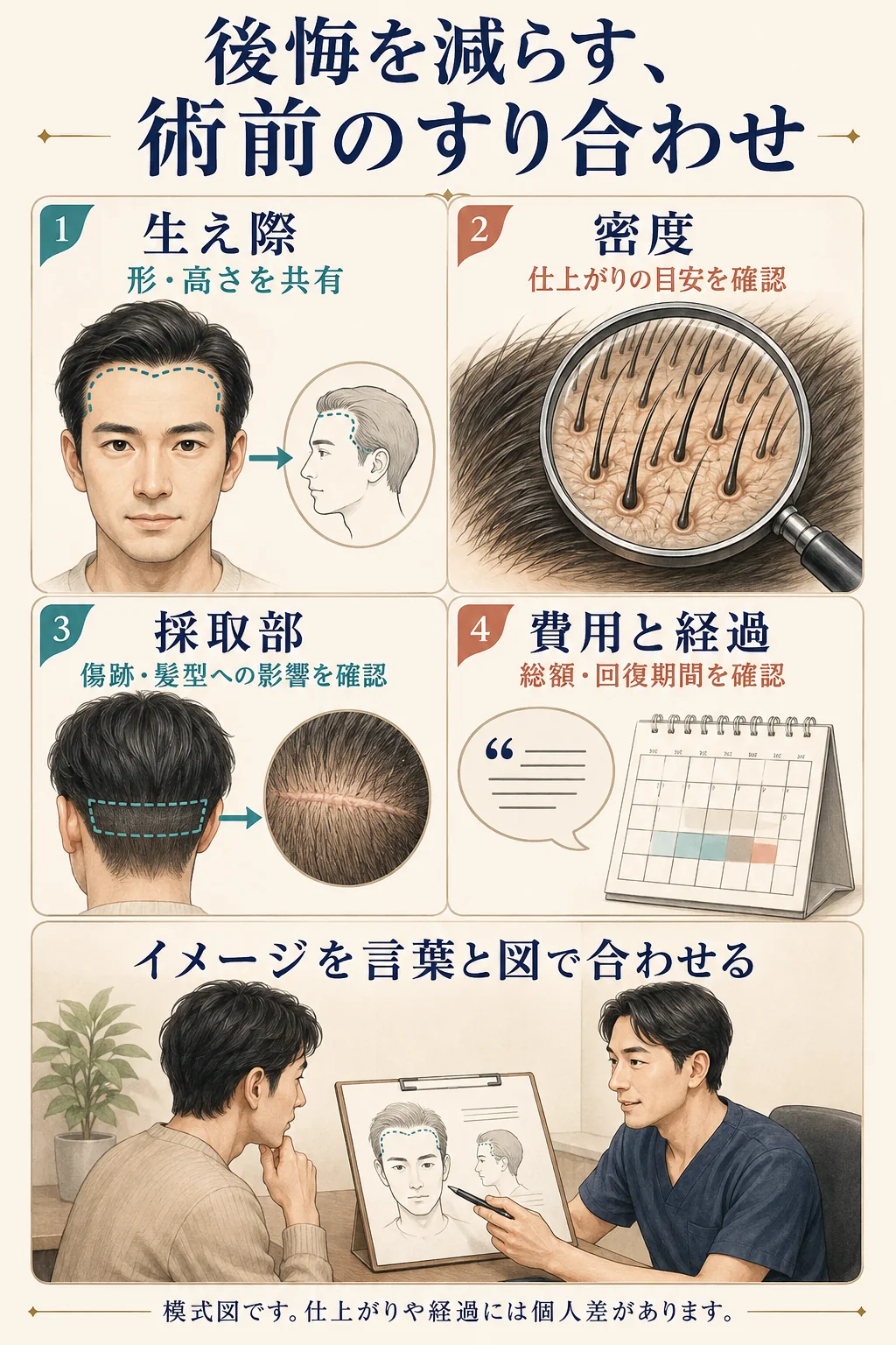 生え際・密度・採取部・総費用について、希望と施術計画をすり合わせる4つの確認点。