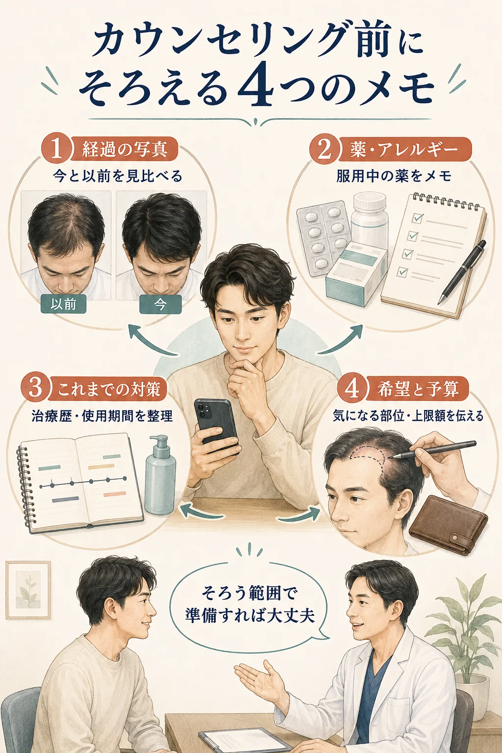 薄毛の経過写真・服薬情報・治療歴・希望と予算を相談前に整理する図解。