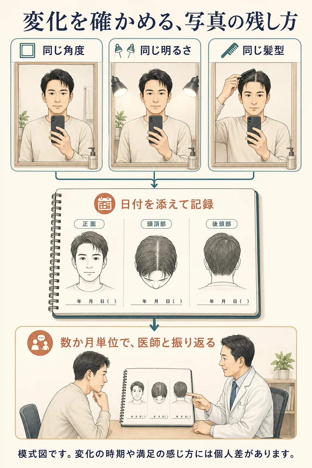 同じ角度・明るさ・髪型で経過写真を残し、数か月単位で医師と変化を確認する方法。