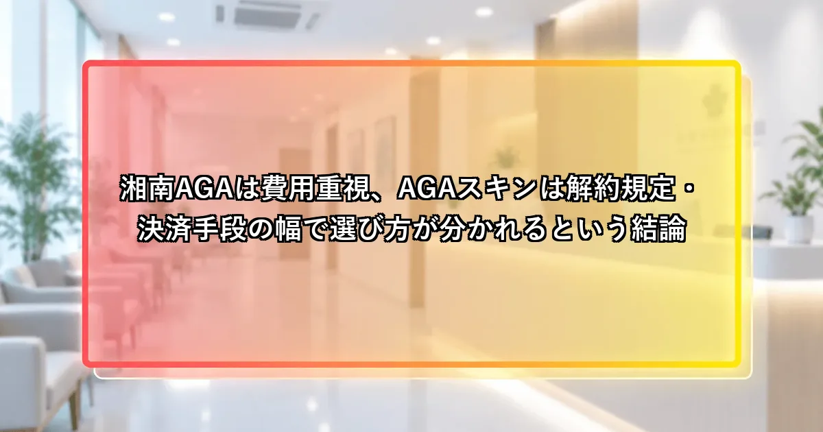 湘南AGAは費用重視、AGAスキンは解約規定・決済手段の幅で選び方が分かれるという説明画像