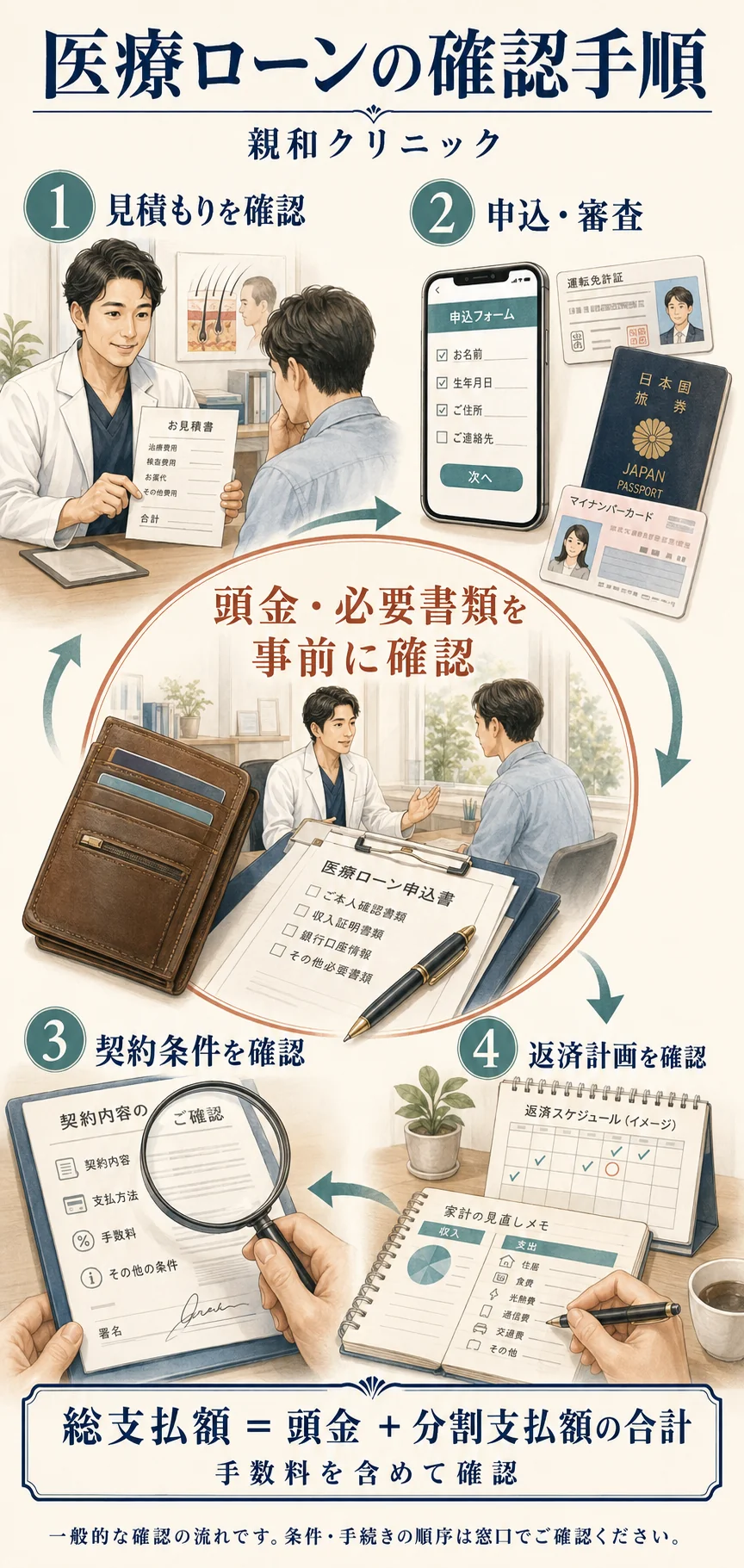 親和クリニックの医療ローンを検討する際、見積もり・申込と審査・契約条件・返済計画を確認する流れ。頭金・必要書類を事前に確認。
