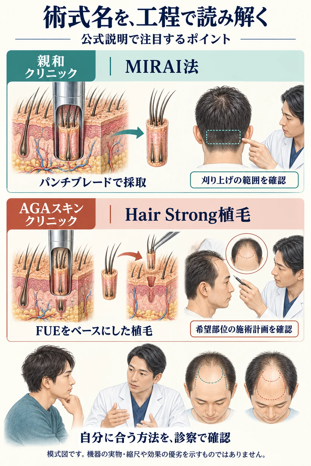 親和クリニックのMIRAI法と、AGAスキンクリニックのHair Strong植毛について、公式説明で注目する工程と診察時の確認点を比較した模式図。