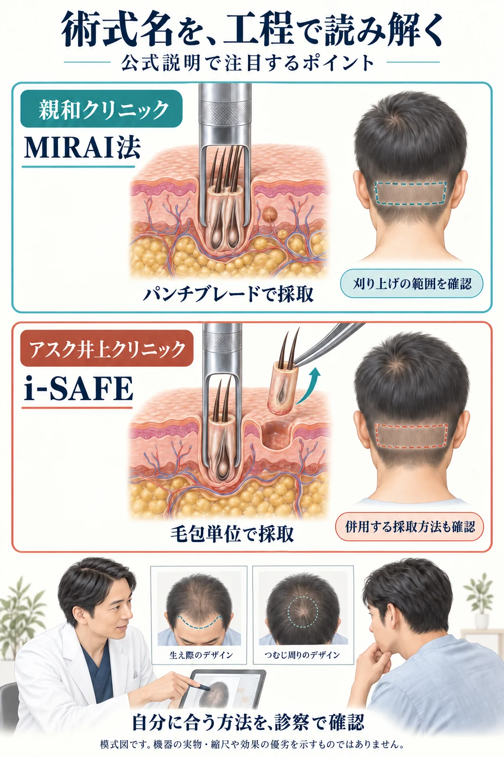 親和クリニックのMIRAI法と、アスク井上クリニックのi-SAFEについて、公式説明で注目する工程と診察時の確認点を比較した模式図。