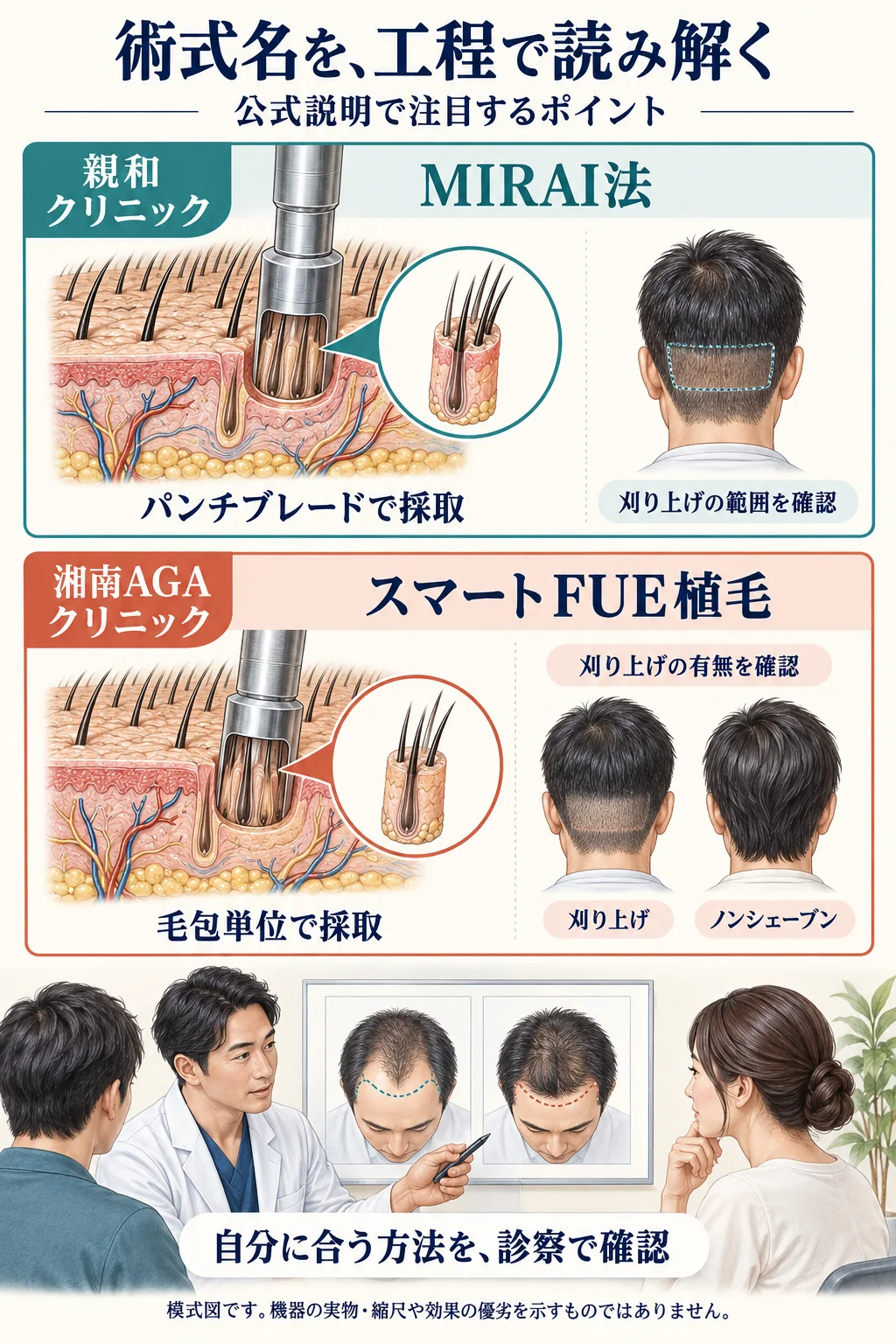 親和クリニックのMIRAI法と、湘南AGAクリニックのスマートFUE植毛について、公式説明で注目する工程と診察時の確認点を比較した模式図。