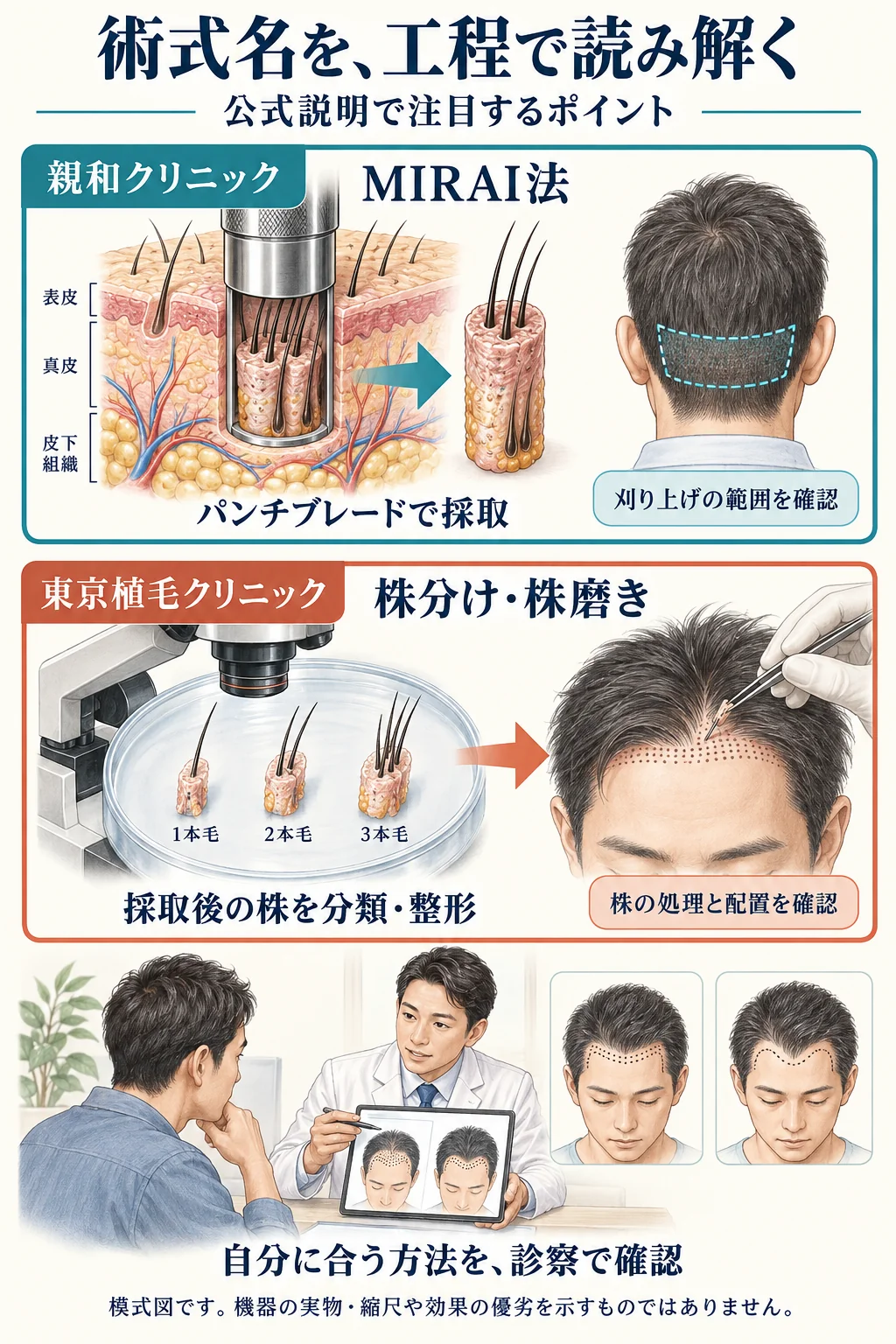 親和クリニックのMIRAI法と、東京植毛クリニックの株分け・株磨きについて、公式説明で注目する工程と診察時の確認点を比較した模式図。