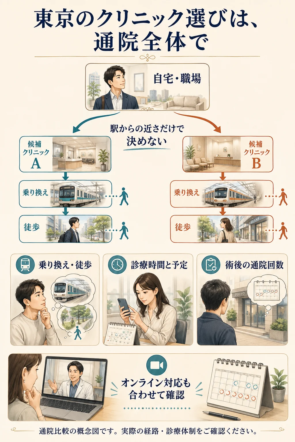 駅からの距離だけでなく、自宅からの乗り換え・診療時間・術後通院を含めて比べる図解。