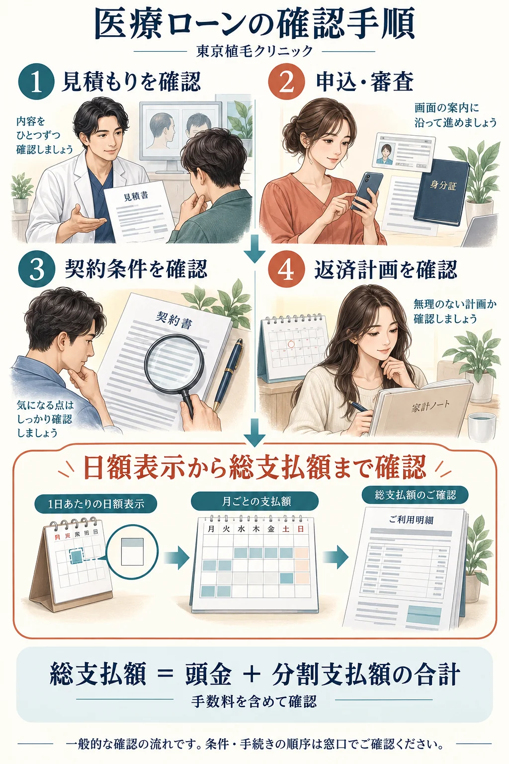 東京植毛クリニックの医療ローンを検討する際、見積もり・申込と審査・契約条件・返済計画を確認する流れ。日額表示から総支払額まで確認。
