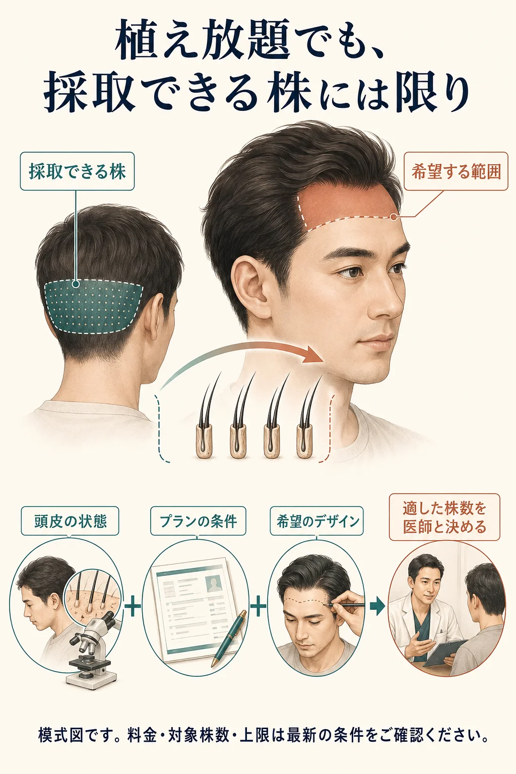 希望する範囲・採取できる株数・プラン条件の3点を合わせて、適した移植数を医師と決める図解。