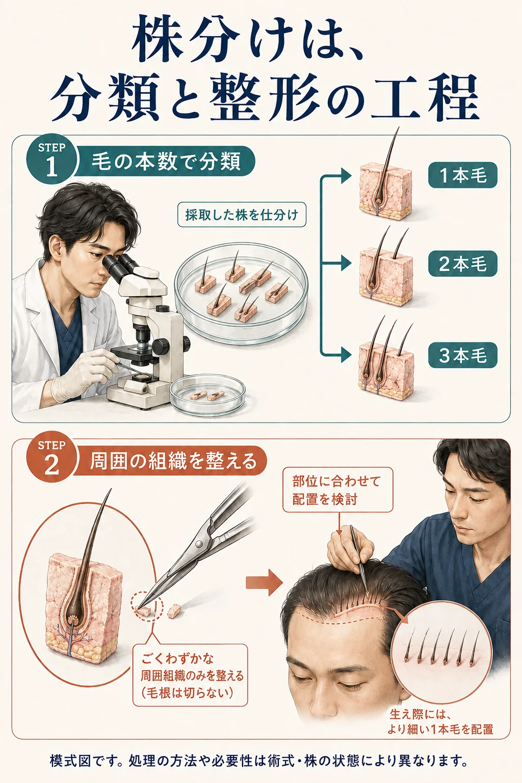 採取した株を毛の本数ごとに分類し、必要に応じて周囲の組織を整えて配置を検討する工程。