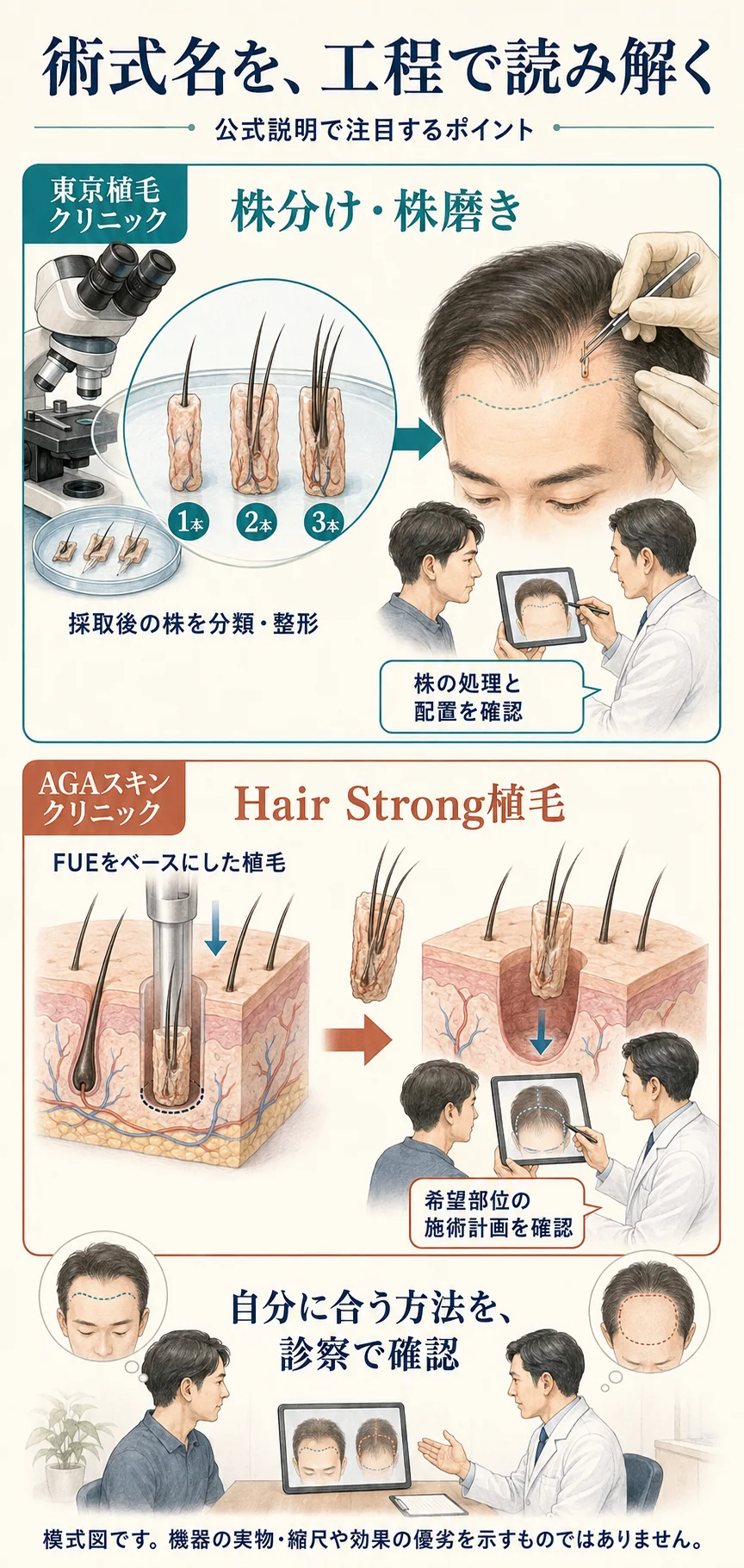 東京植毛クリニックの株分け・株磨きと、AGAスキンクリニックのHair Strong植毛について、公式説明で注目する工程と診察時の確認点を比較した模式図。