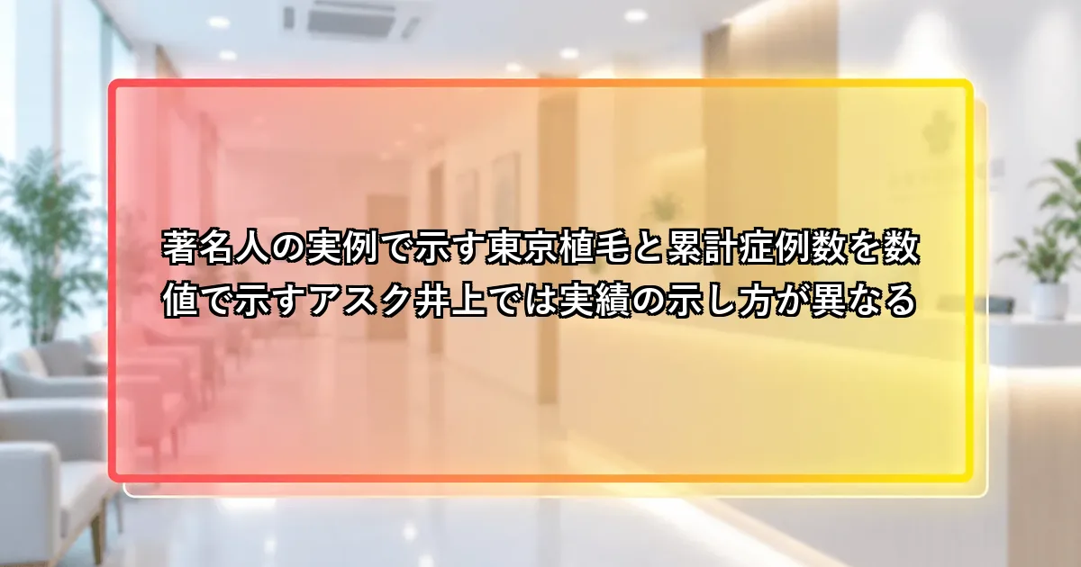 著名人の実例で示す東京植毛と累計症例数を数値で示すアスク井上では実績の示し方が異なるという説明画像