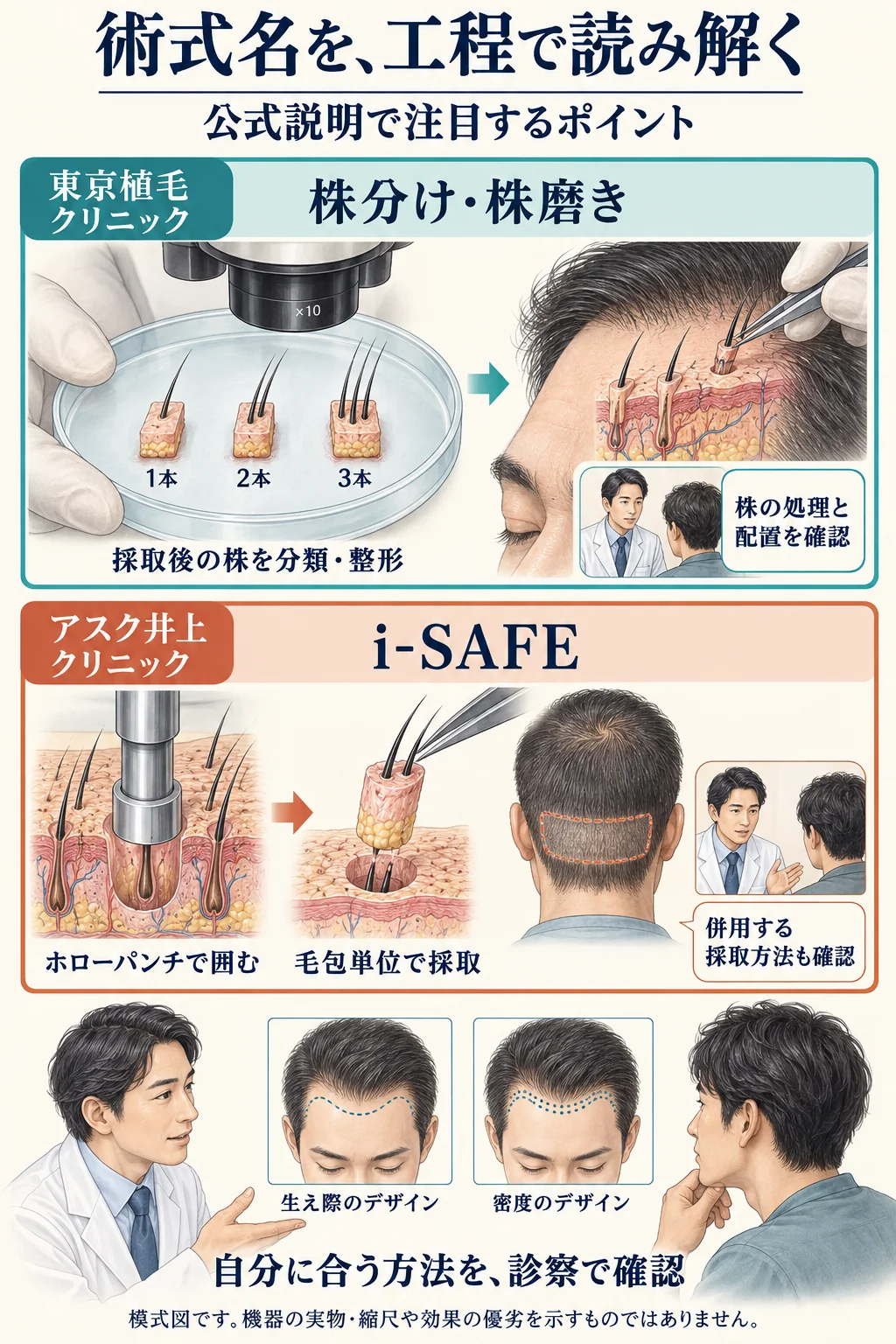 東京植毛クリニックの株分け・株磨きと、アスク井上クリニックのi-SAFEについて、公式説明で注目する工程と診察時の確認点を比較した模式図。