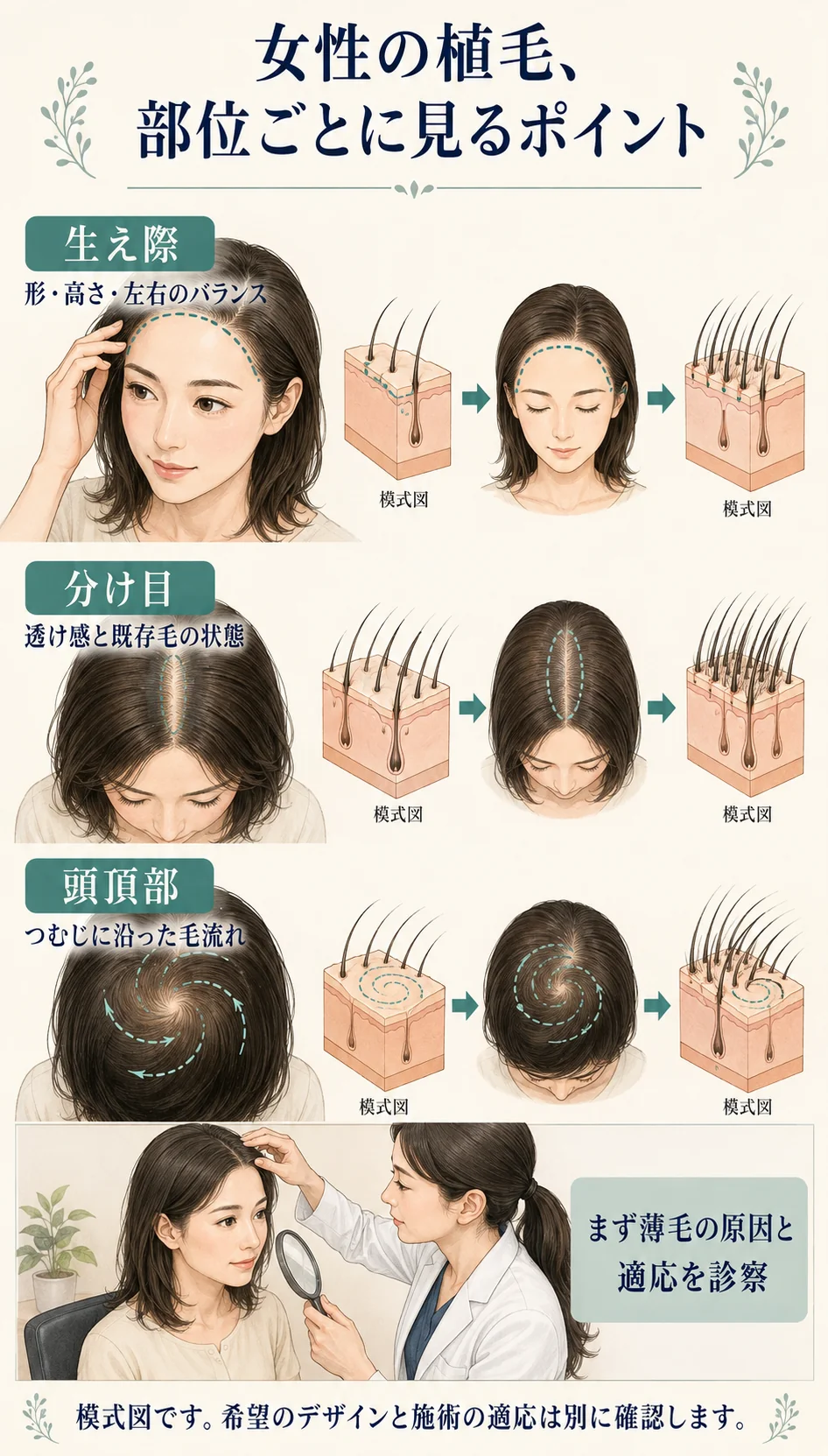 生え際の形、分け目の透け感、頭頂部の毛流れを部位別に相談する図解。