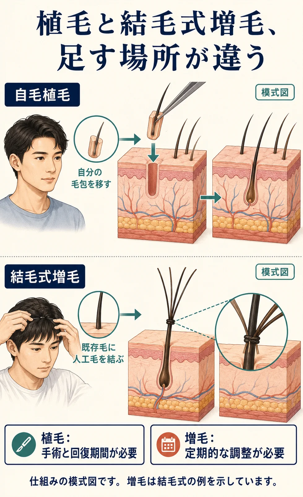自毛植毛は毛包を皮膚へ移し、結毛式増毛は頭皮の外で既存毛に人工毛を結び付ける仕組みの違い。