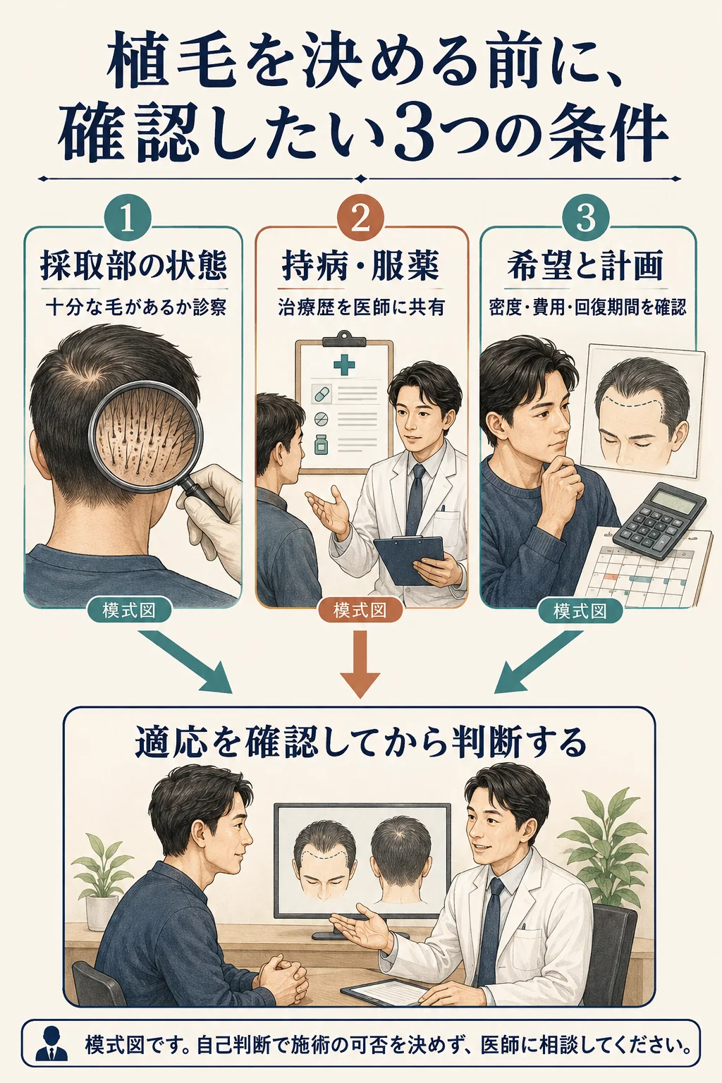 採取部の状態、持病や服薬、希望と現実的な計画を確認してから植毛の適応を判断する図解。